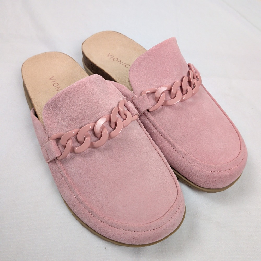Vionic Georgie Pink Suede Chain Loafer Mule Slides Womens 9.5